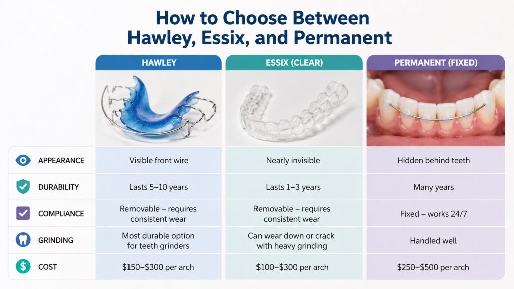 How to Choose Between Hawley, Essix, and Permanent